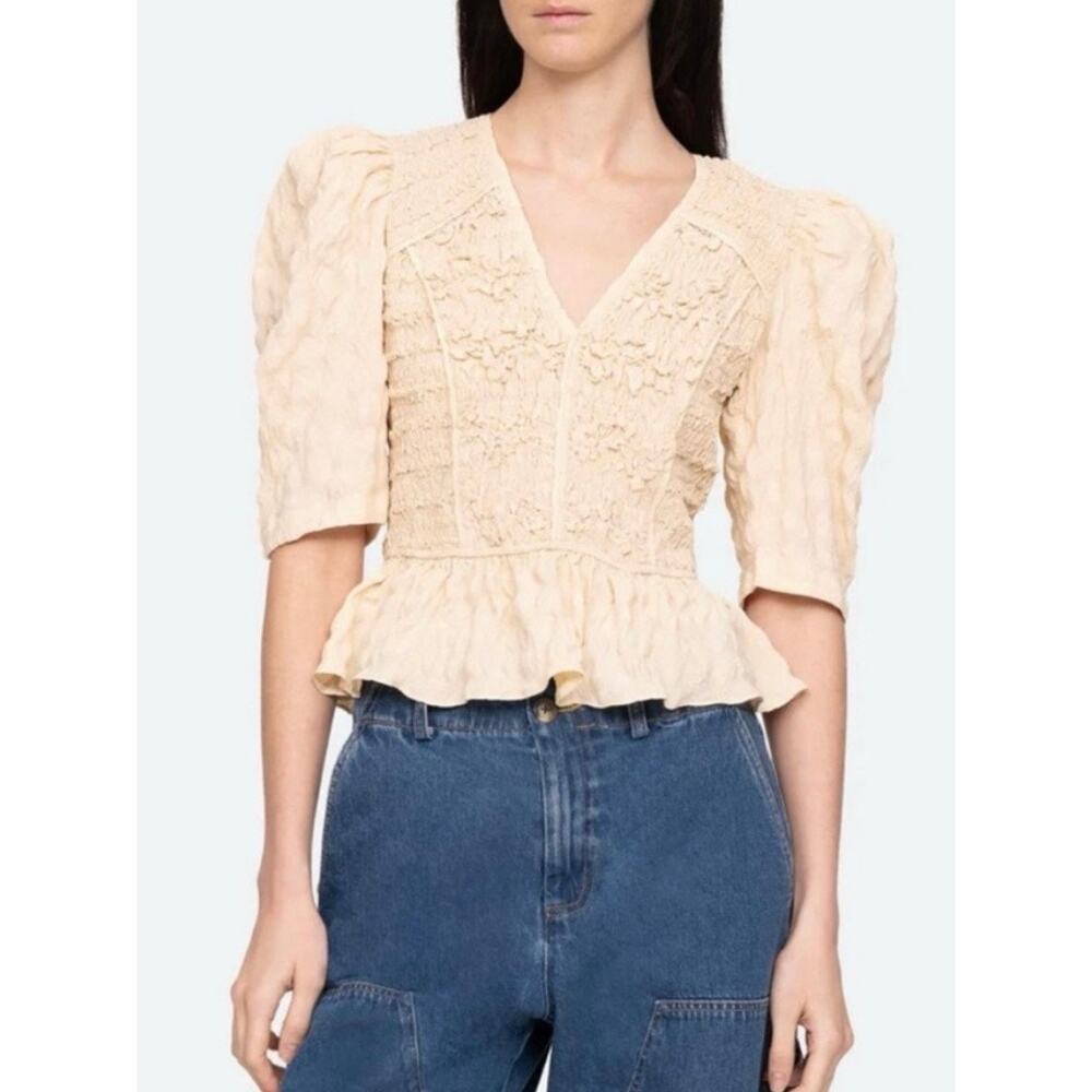 Sea New York Piero Smocked Peplum Top in Yellow Size Small